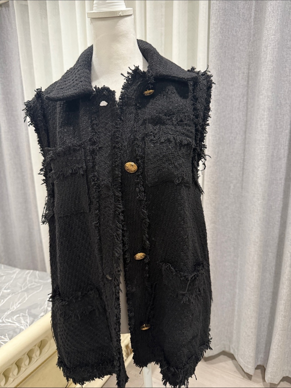 Zara Black Tweed Frayed Sleeveless Coat with Gold Buttons